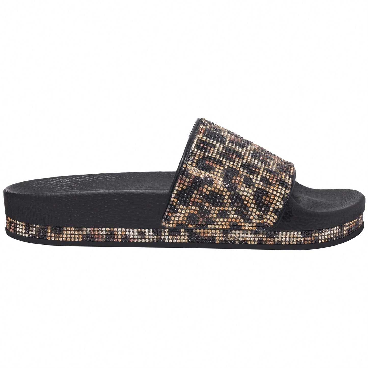 Women Rhinestone Decor Outdoor And Indoor Glamorous Black Flat Slides Rhinestone Slide Sandals