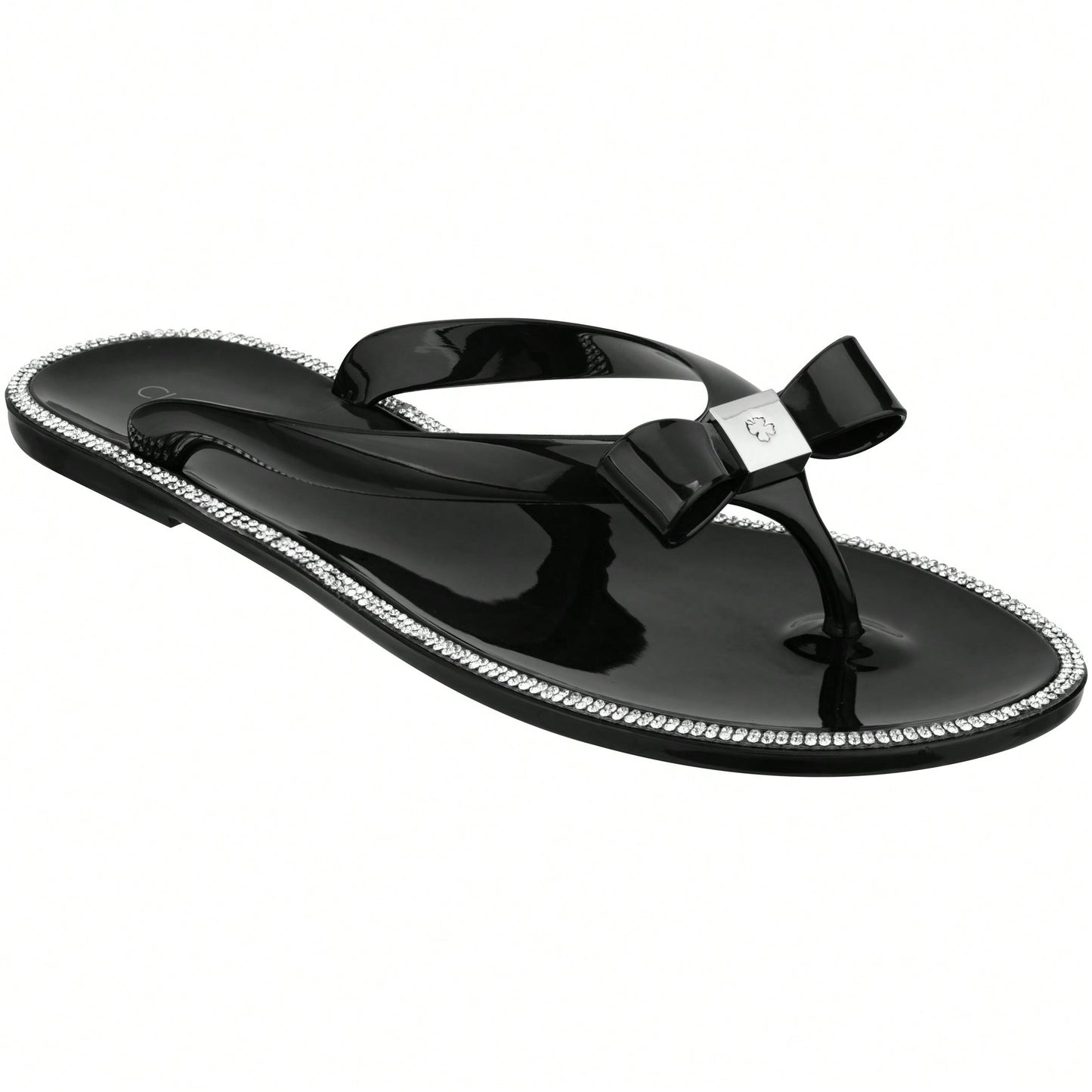 Women Bow Rhinestone Decor Flat Sandals Jelly Slide Sandals Fashionable Outdoor Plastic Flat Sandals Rhinestone Jelly Toe Post Flat Flip Flop Sandals