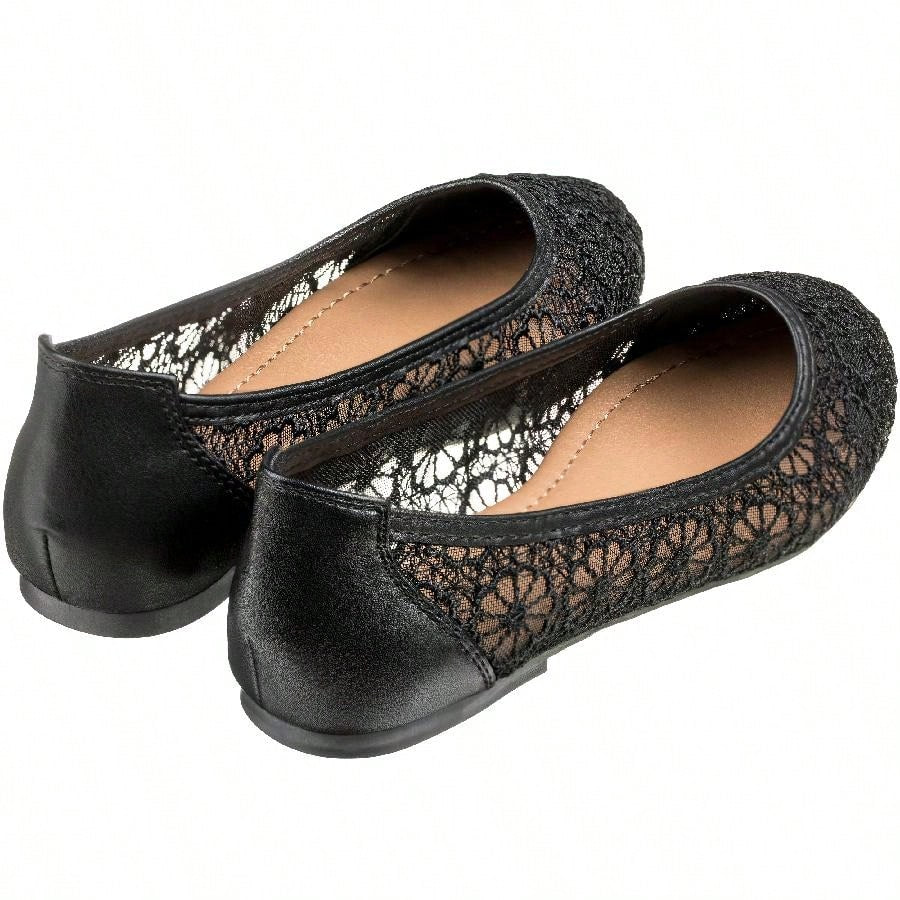 Women's Ballet Flats Cut Out Round Toe Slip On Floral Ballet Lace Flats Breathable Crochet Lace Ballet Flats