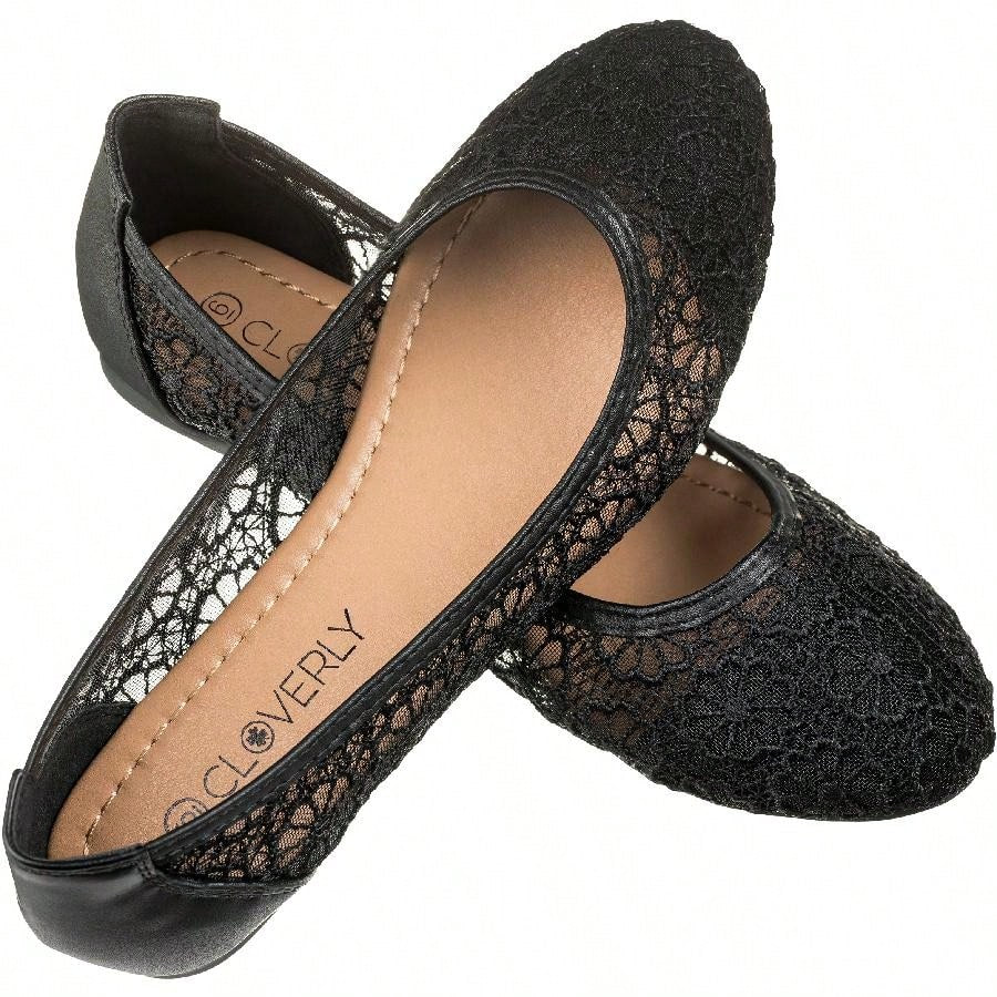 Women's Ballet Flats Cut Out Round Toe Slip On Floral Ballet Lace Flats Breathable Crochet Lace Ballet Flats