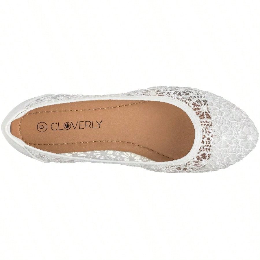 Women's Ballet Flats Cut Out Round Toe Slip On Floral Ballet Lace Flats Breathable Crochet Lace Ballet Flats