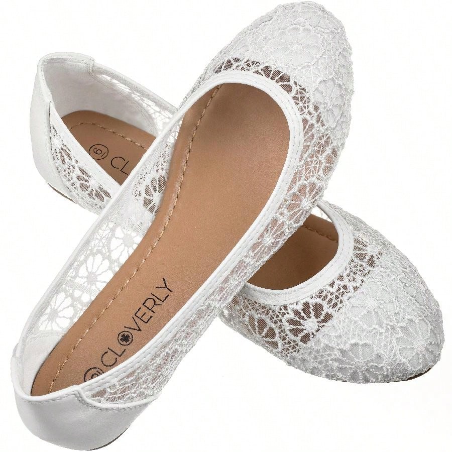 Women's Ballet Flats Cut Out Round Toe Slip On Floral Ballet Lace Flats Breathable Crochet Lace Ballet Flats
