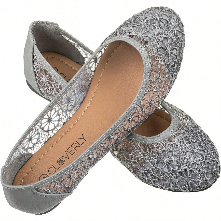 Women's Ballet Flats Cut Out Round Toe Slip On Floral Ballet Lace Flats Breathable Crochet Lace Ballet Flats