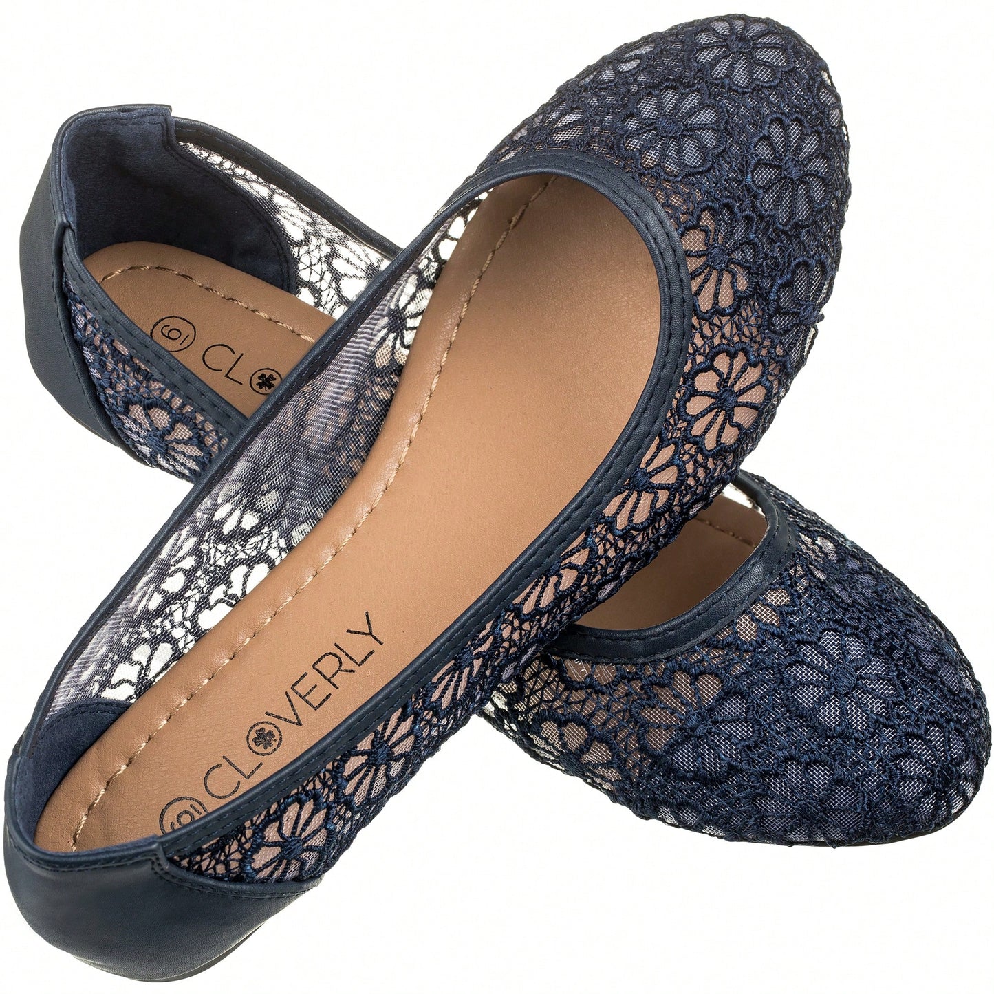 Women's Ballet Flats Cut Out Round Toe Slip On Floral Ballet Lace Flats Breathable Crochet Lace Ballet Flats