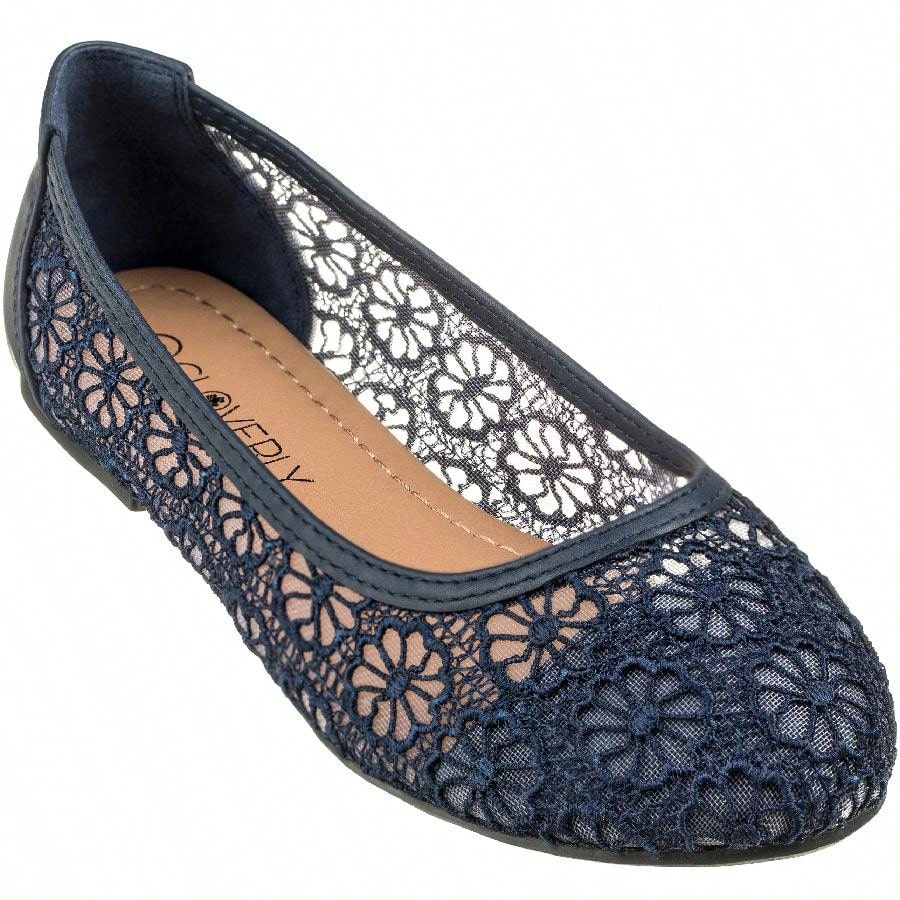 Women's Ballet Flats Cut Out Round Toe Slip On Floral Ballet Lace Flats Breathable Crochet Lace Ballet Flats