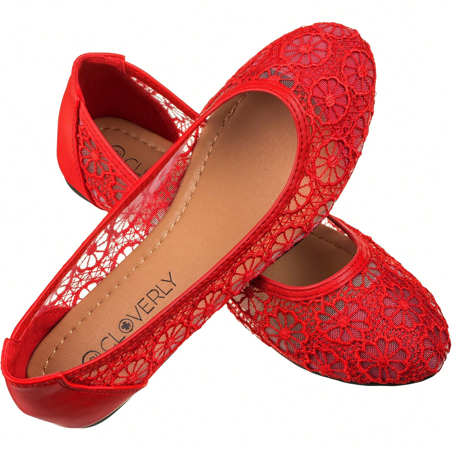Women's Ballet Flats Cut Out Round Toe Slip On Floral Ballet Lace Flats Breathable Crochet Lace Ballet Flats