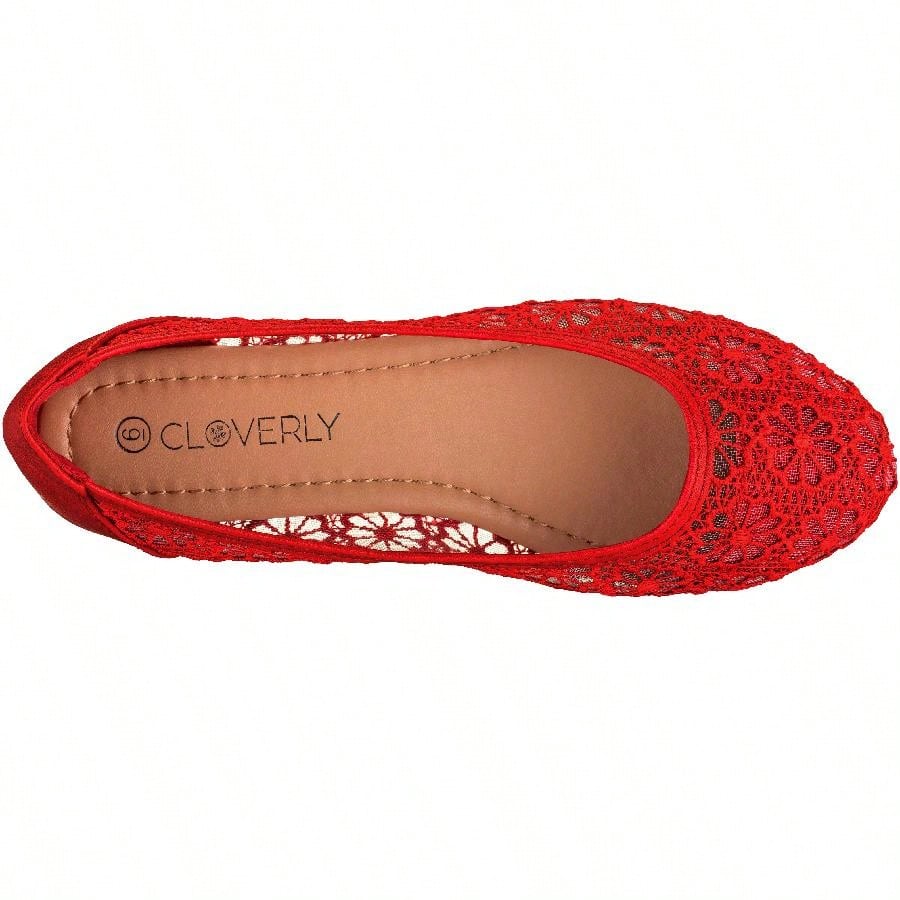 Women's Ballet Flats Cut Out Round Toe Slip On Floral Ballet Lace Flats Breathable Crochet Lace Ballet Flats
