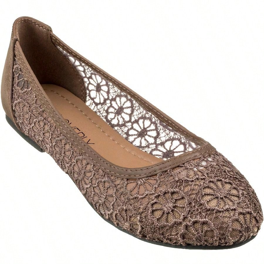 Women's Ballet Flats Cut Out Round Toe Slip On Floral Ballet Lace Flats Breathable Crochet Lace Ballet Flats