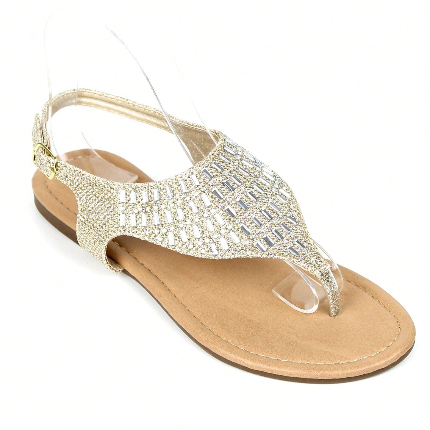 Women's Rhinestone Decor Ankle Strap Sandals Open Toe Flat Sandals Glitter Casual Summer Flat Sandals