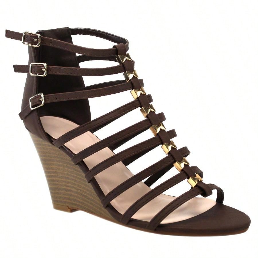 Women's Metal Studded Wedge Sandals Cork Wedge Gladiator Sandals Strappy Ankle Strap Wedge Sandals