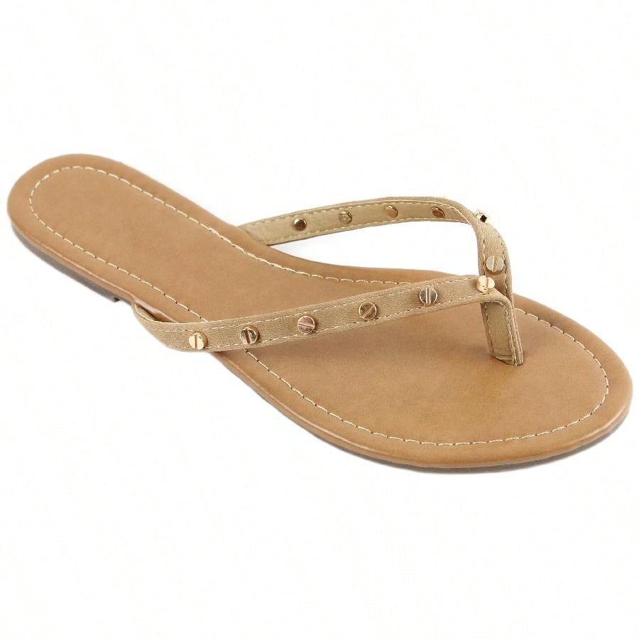 Women's Gold Studded Flip Flops Flat Sandals Open Toe Thong Sandals Beach Summer Flip Flops Slippers