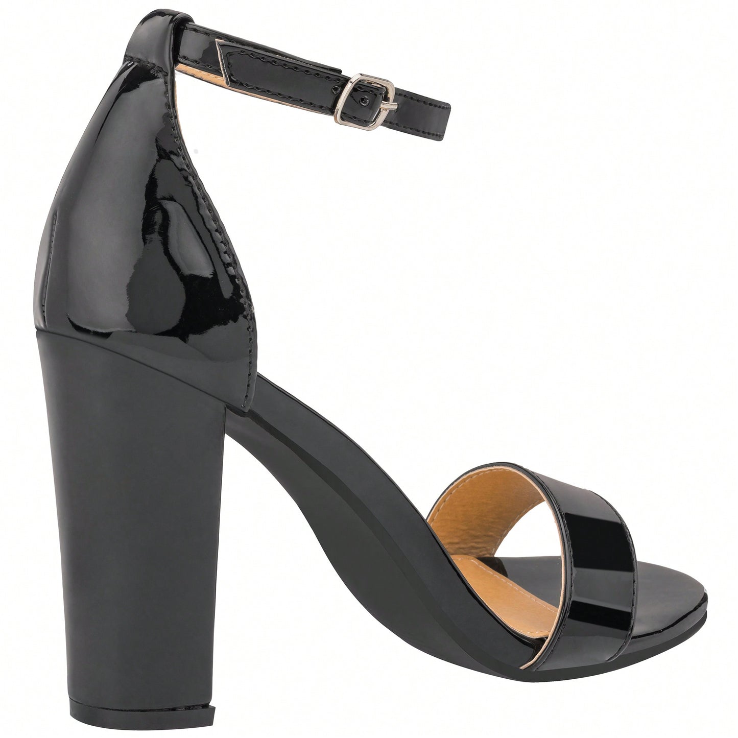 Women Chunky Heeled Ankle Strap Sandals Elegant Single Band Buckle Decor Sandals High Heel Sandals Open Toe Ankle Strap Sandals Heels Patent
