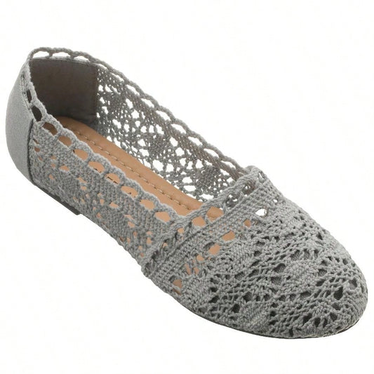Women's Ballet Flats Cut Out Round Toe Slip On Floral Ballet Lace Flats Breathable Crochet Lace Flat Shoes
