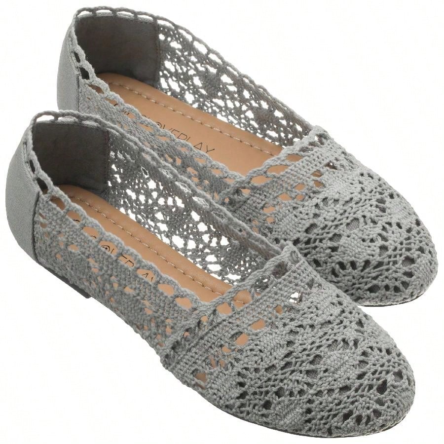 Women's Ballet Flats Cut Out Round Toe Slip On Floral Ballet Lace Flats Breathable Crochet Lace Flat Shoes