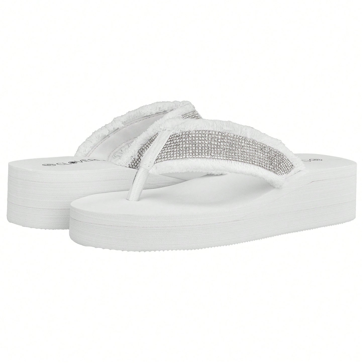Women's Fashionable Rhinestone Decor Flip Flops Thick Bottom Wedge Beach Sandals Platform Flip Flop Toe Post Design Slippers Summer Sandals