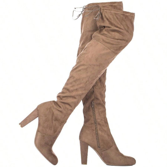 Women's Tie Back Knee High Chunky Heel Boots Fashionable Thigh High Over The Knee Heeled Boots