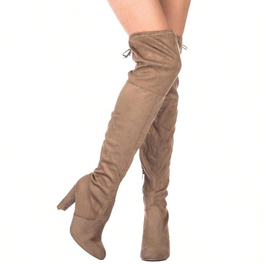 Women's Tie Back Knee High Chunky Heel Boots Fashionable Thigh High Over The Knee Heeled Boots
