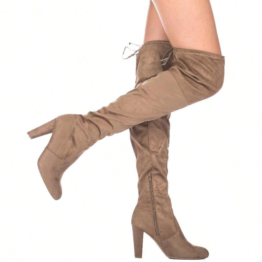 Women's Tie Back Knee High Chunky Heel Boots Fashionable Thigh High Over The Knee Heeled Boots