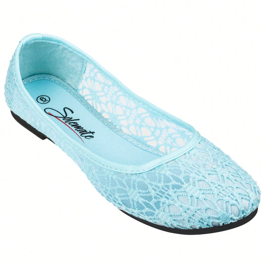 Women's Ballet Flats Cut Out Round Toe Slip On Floral Ballet Lace Flats Breathable Crochet Lace Ballet Flats
