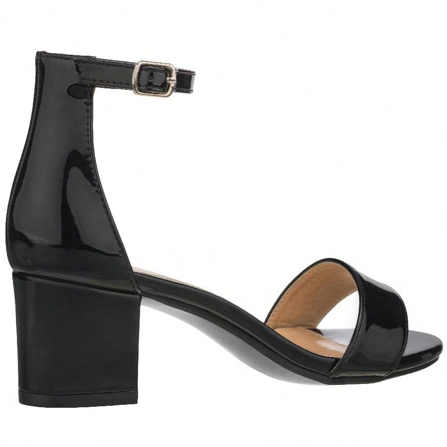 Women Buckle Decor Chunky Heeled Sandals Elegant Summer Ankle Strap Sandals Chunky Heeled Ankle Strap Sandals Low Heeled Sandal Patent