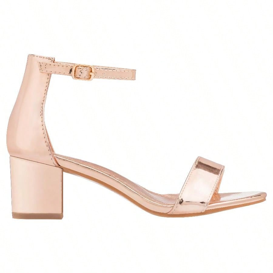 Women Buckle Decor Chunky Heeled Sandals Elegant Summer Ankle Strap Sandals Chunky Heeled Ankle Strap Sandals Low Heeled Sandal Patent