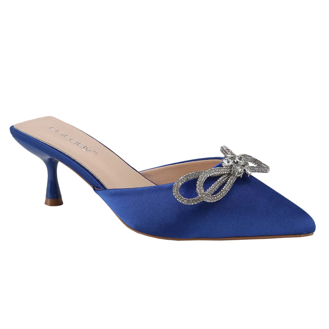 Women's Pointed Toe Kitten Heel Mules Slip-On Backless Rhinestones Buckle Pumps Ladies Casual Dress Slieds Shoes