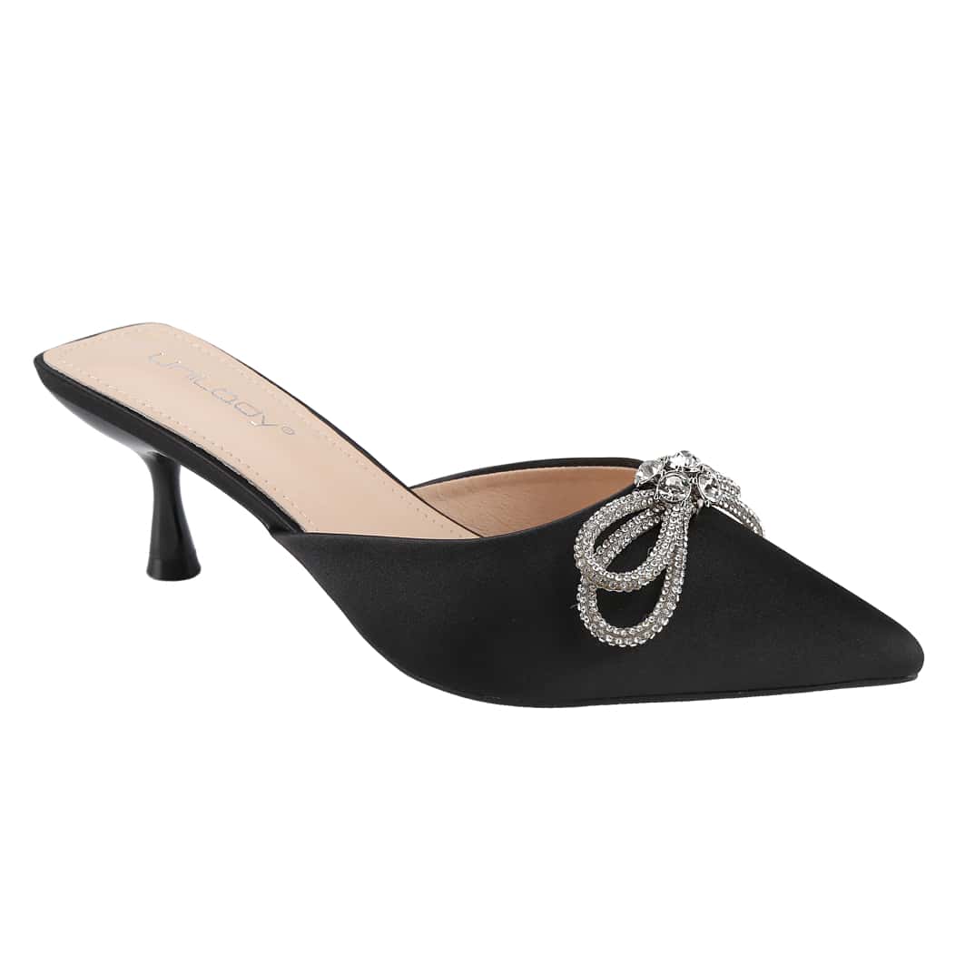 Women's Pointed Toe Kitten Heel Mules Slip-On Backless Rhinestones Buckle Pumps Ladies Casual Dress Slieds Shoes