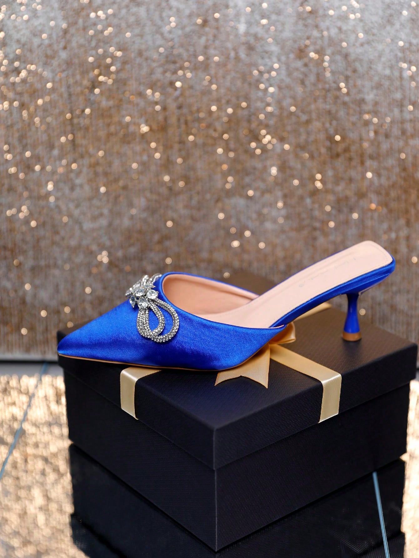 Women's Pointed Toe Kitten Heel Mules Slip-On Backless Rhinestones Buckle Pumps Ladies Casual Dress Slieds Shoes