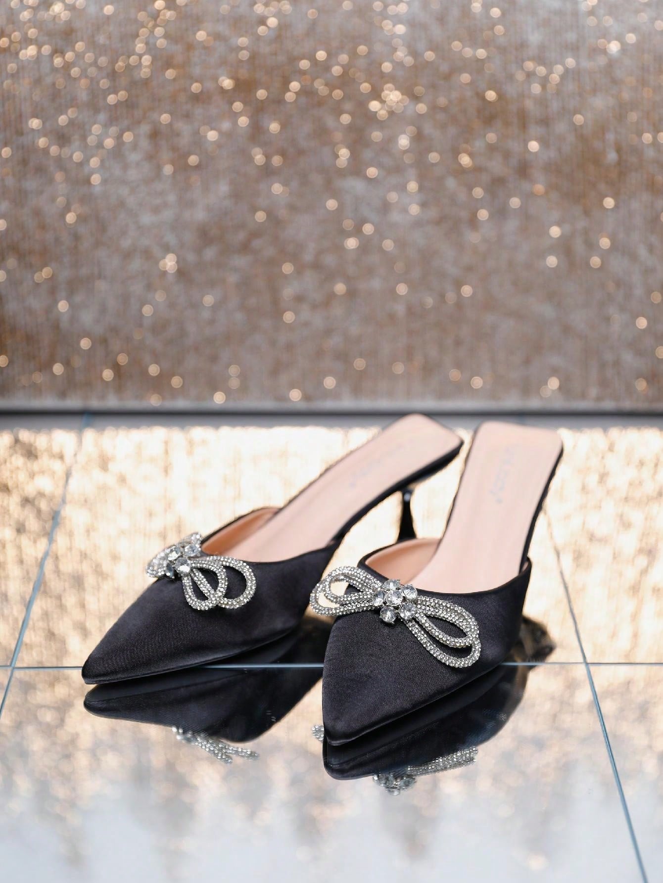 Women's Pointed Toe Kitten Heel Mules Slip-On Backless Rhinestones Buckle Pumps Ladies Casual Dress Slieds Shoes