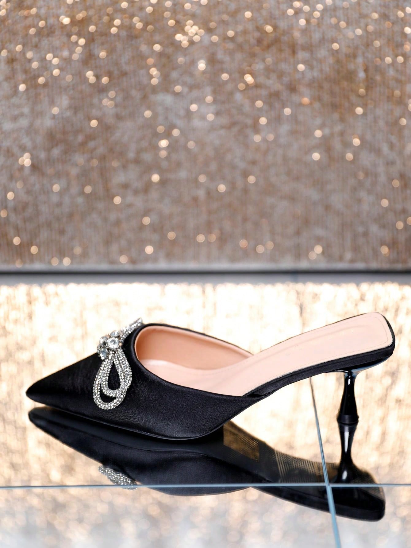 Women's Pointed Toe Kitten Heel Mules Slip-On Backless Rhinestones Buckle Pumps Ladies Casual Dress Slieds Shoes