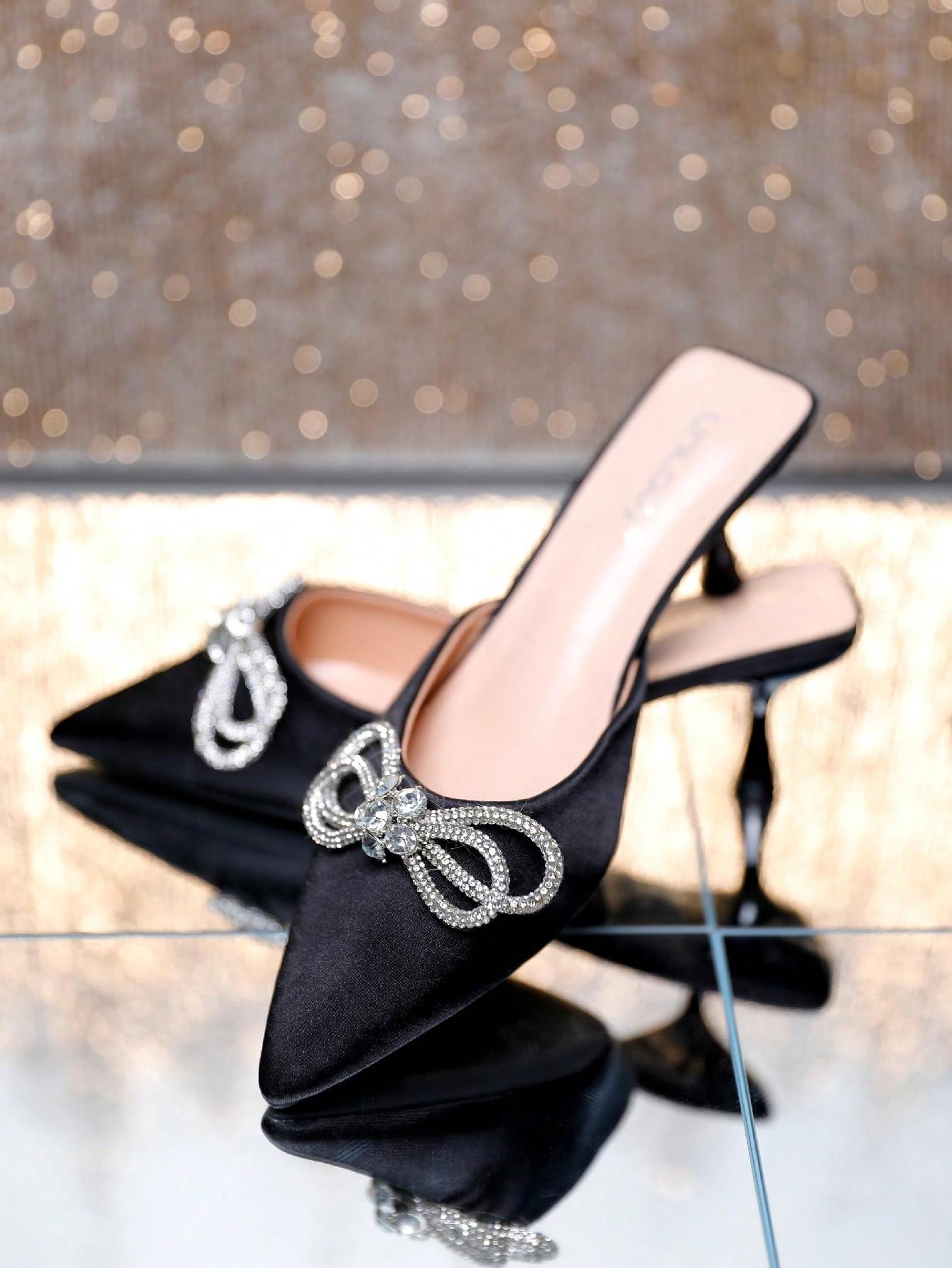 Women's Pointed Toe Kitten Heel Mules Slip-On Backless Rhinestones Buckle Pumps Ladies Casual Dress Slieds Shoes