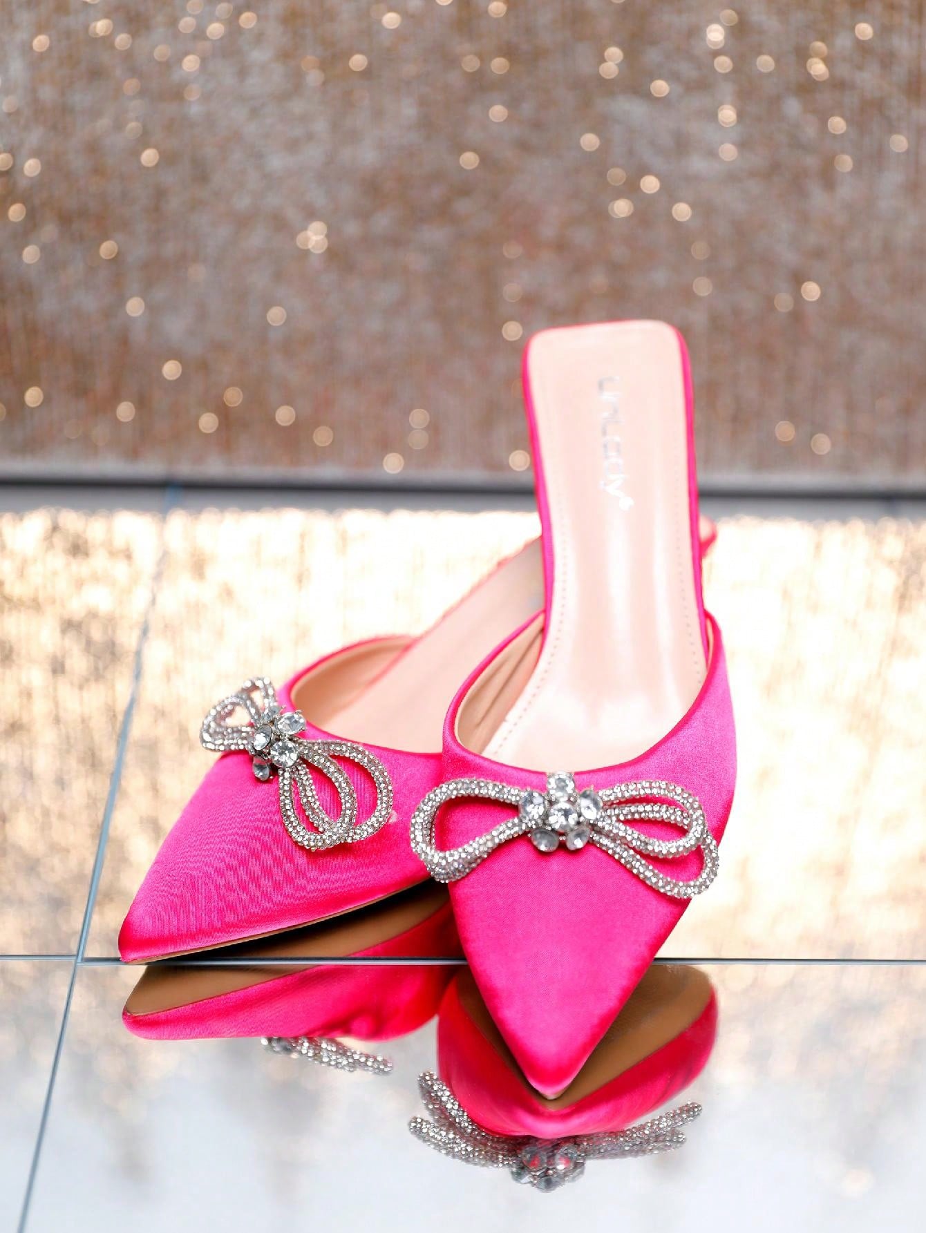 Women's Pointed Toe Kitten Heel Mules Slip-On Backless Rhinestones Buckle Pumps Ladies Casual Dress Slieds Shoes