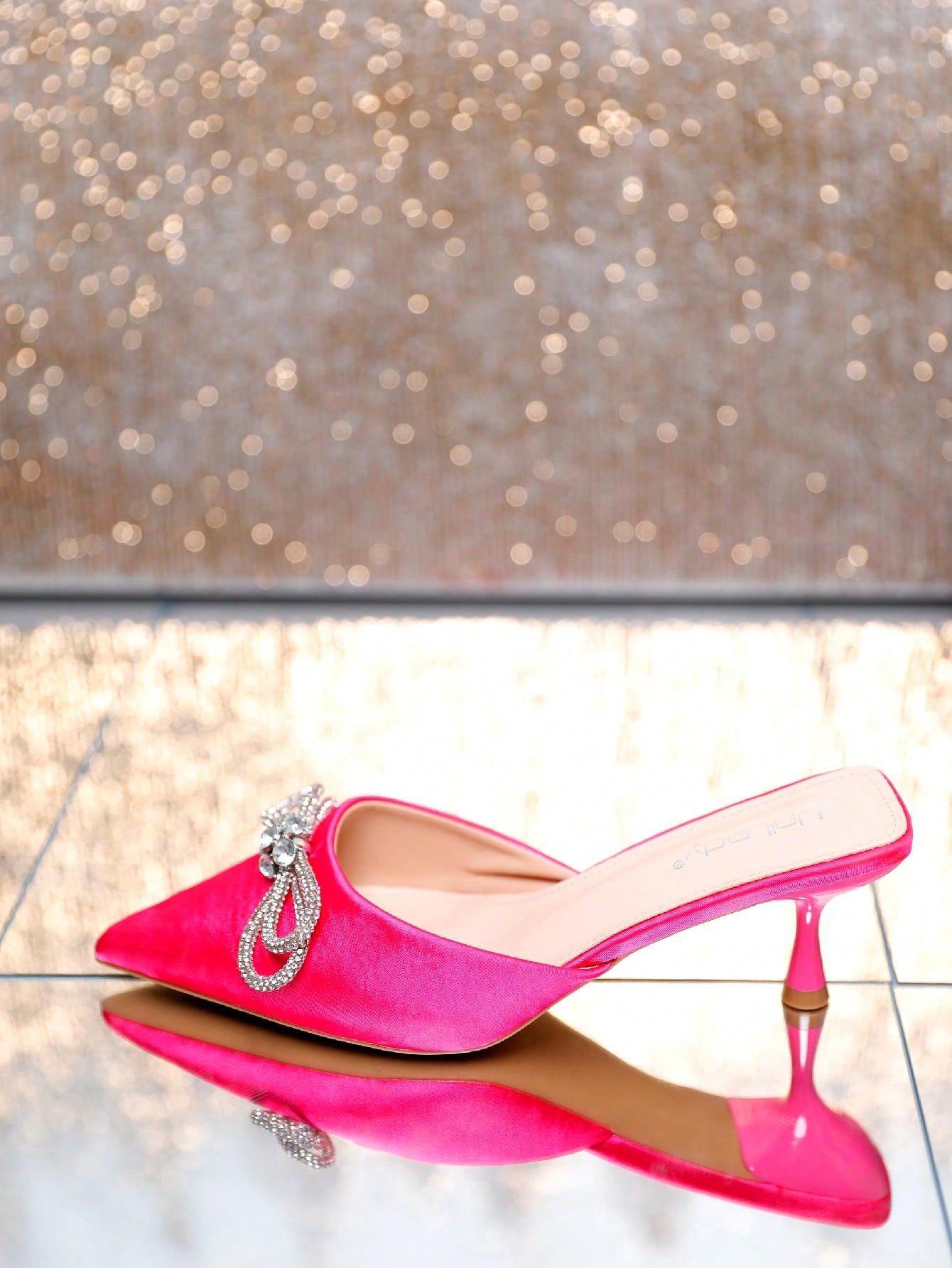 Women's Pointed Toe Kitten Heel Mules Slip-On Backless Rhinestones Buckle Pumps Ladies Casual Dress Slieds Shoes