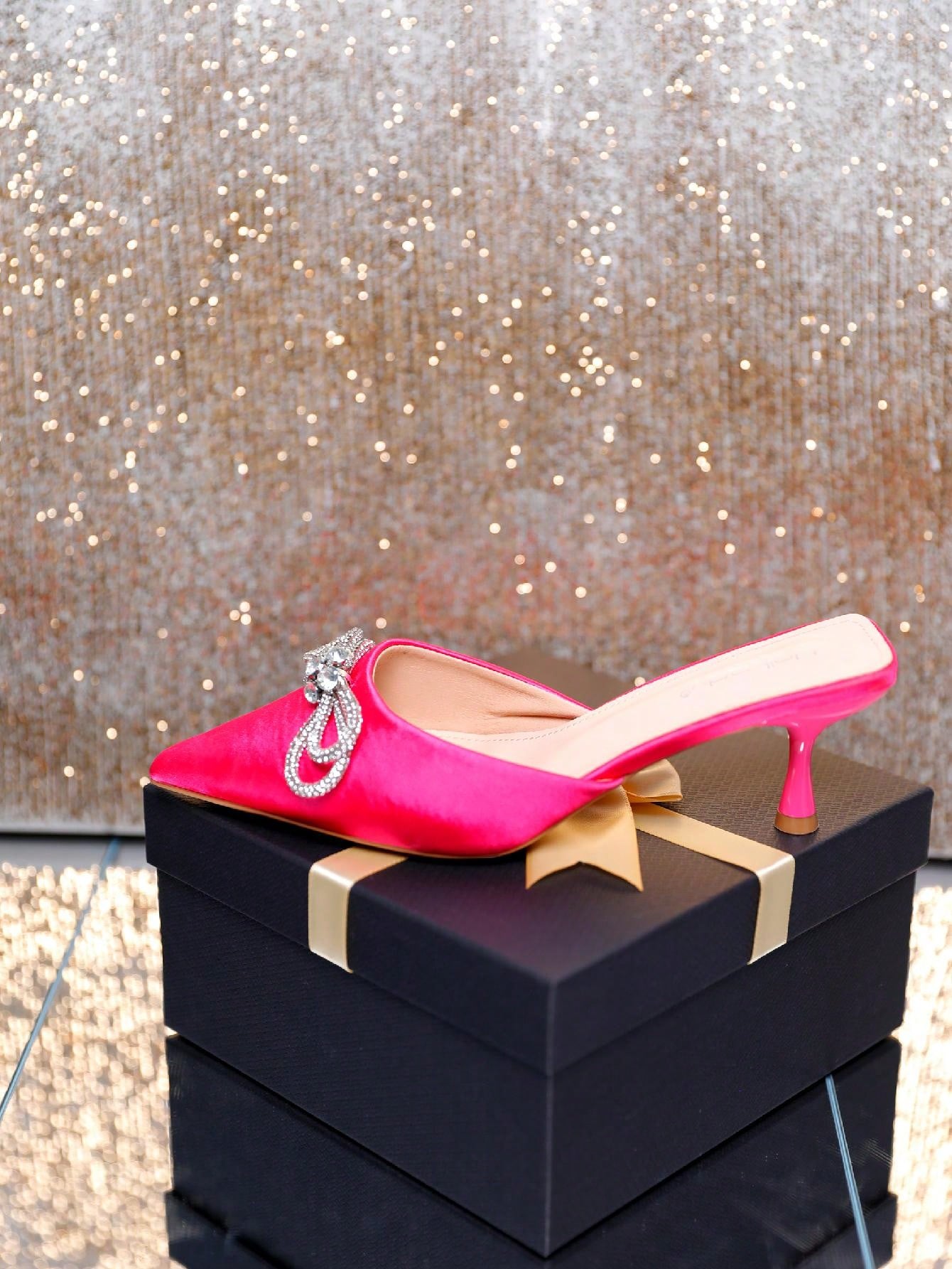 Women's Pointed Toe Kitten Heel Mules Slip-On Backless Rhinestones Buckle Pumps Ladies Casual Dress Slieds Shoes