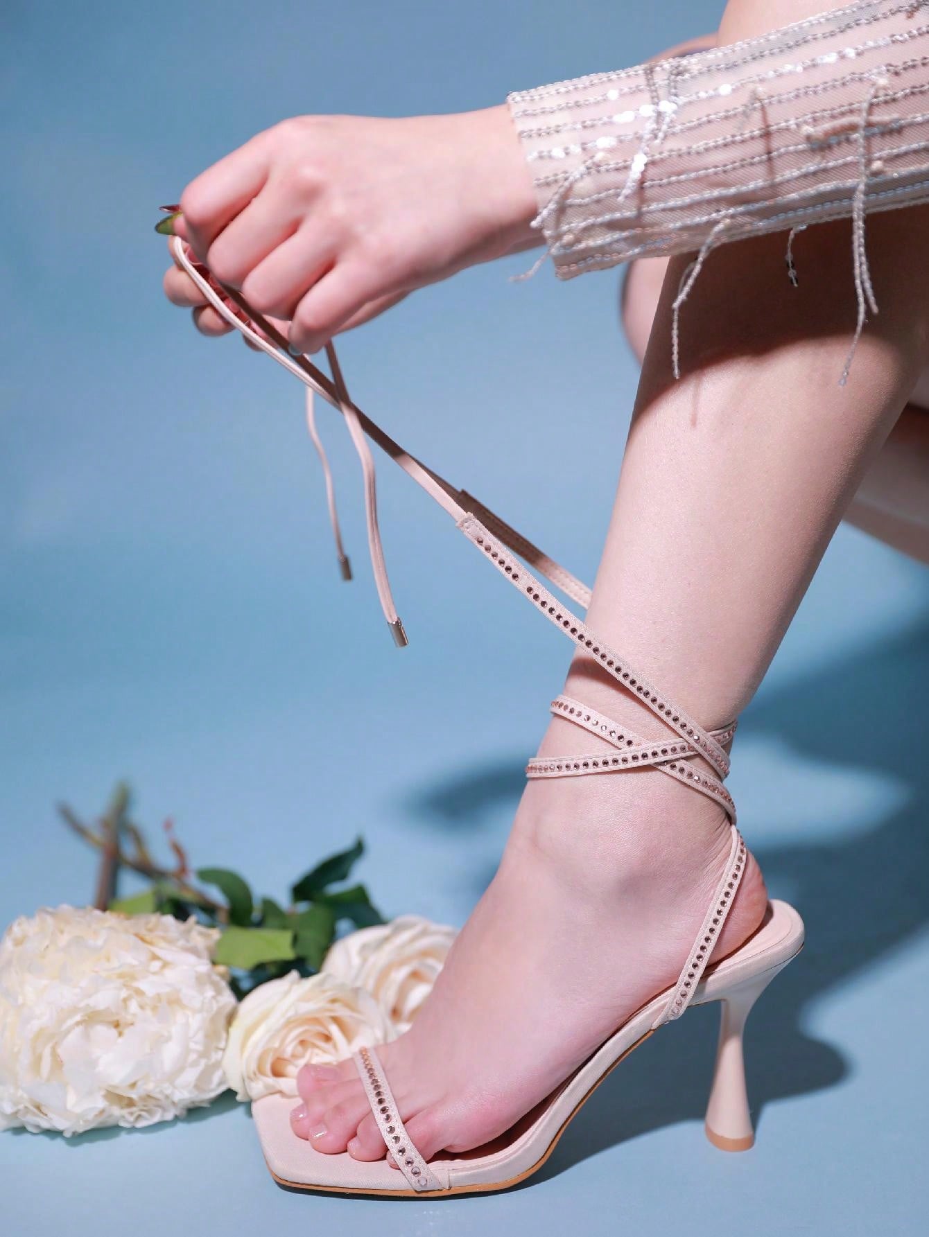 Women's Lace Up Strappy Heels Stiletto High Heels Sandals Open Square Toe Pump Heeled Sandals