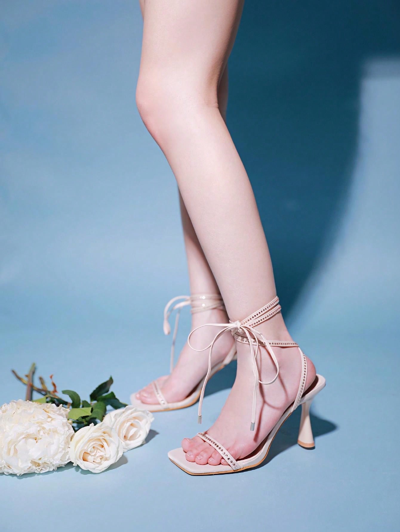 Women's Lace Up Strappy Heels Stiletto High Heels Sandals Open Square Toe Pump Heeled Sandals