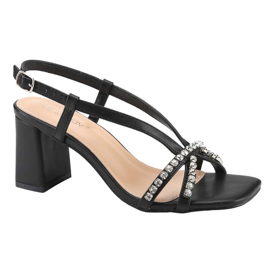 Women's Slingback Square Toe Chunky Heels Sandals High Heeled Sandals, Strappy Rhinestone