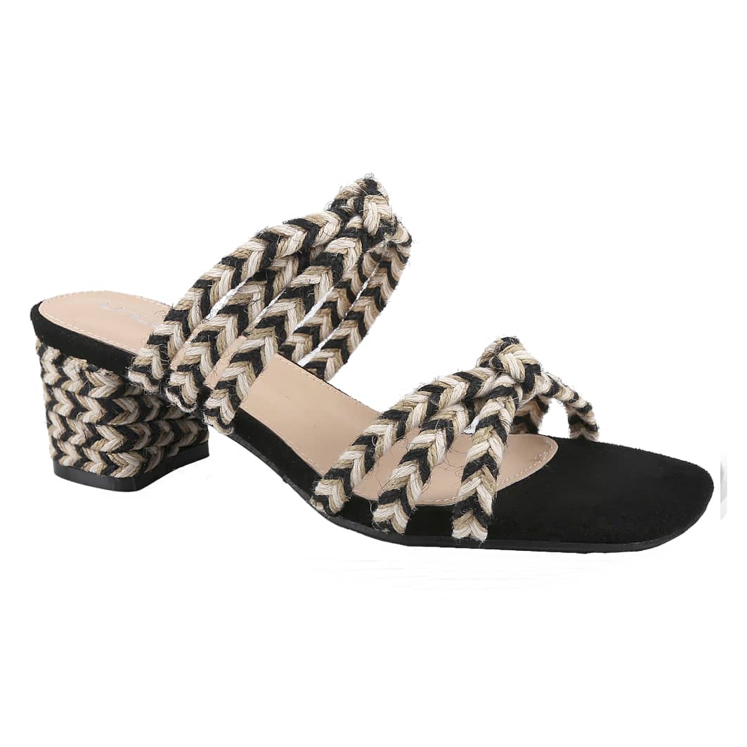 Women's Slip On Square Toe Chunky Heels Sandals, Straw Heel Braided Upper