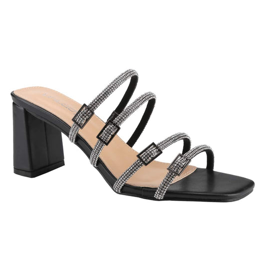 Women's Slip On Square Toe Chunky Heels Sandals, Strappy Buckle With Rhinestone