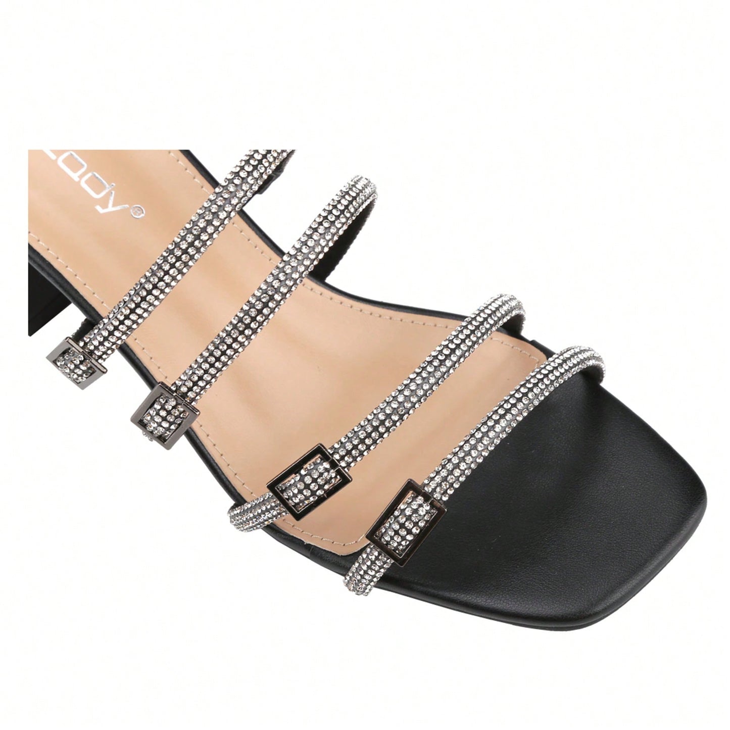 Women's Slip On Square Toe Chunky Heels Sandals, Strappy Buckle With Rhinestone
