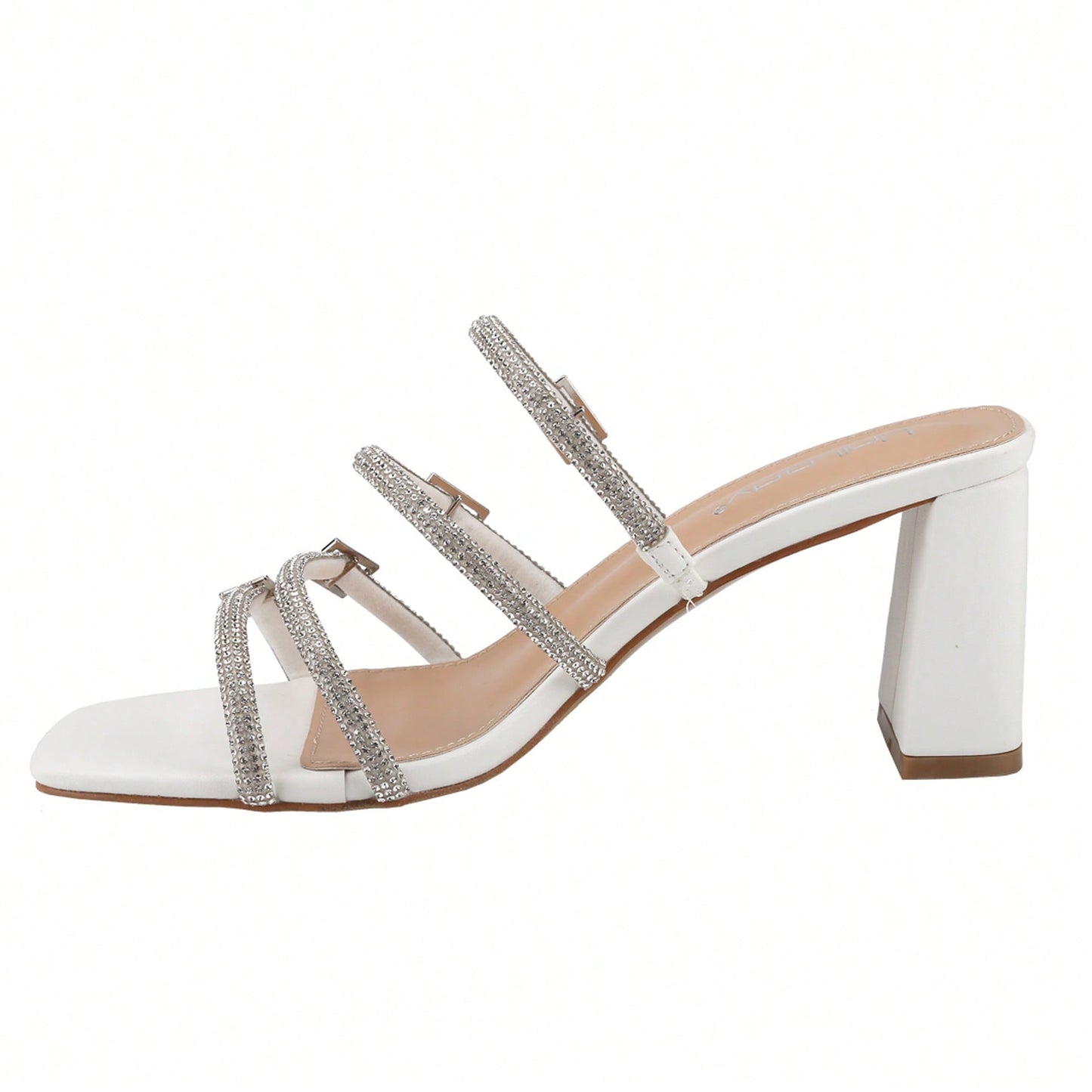 Women's Slip On Square Toe Chunky Heels Sandals, Strappy Buckle With Rhinestone