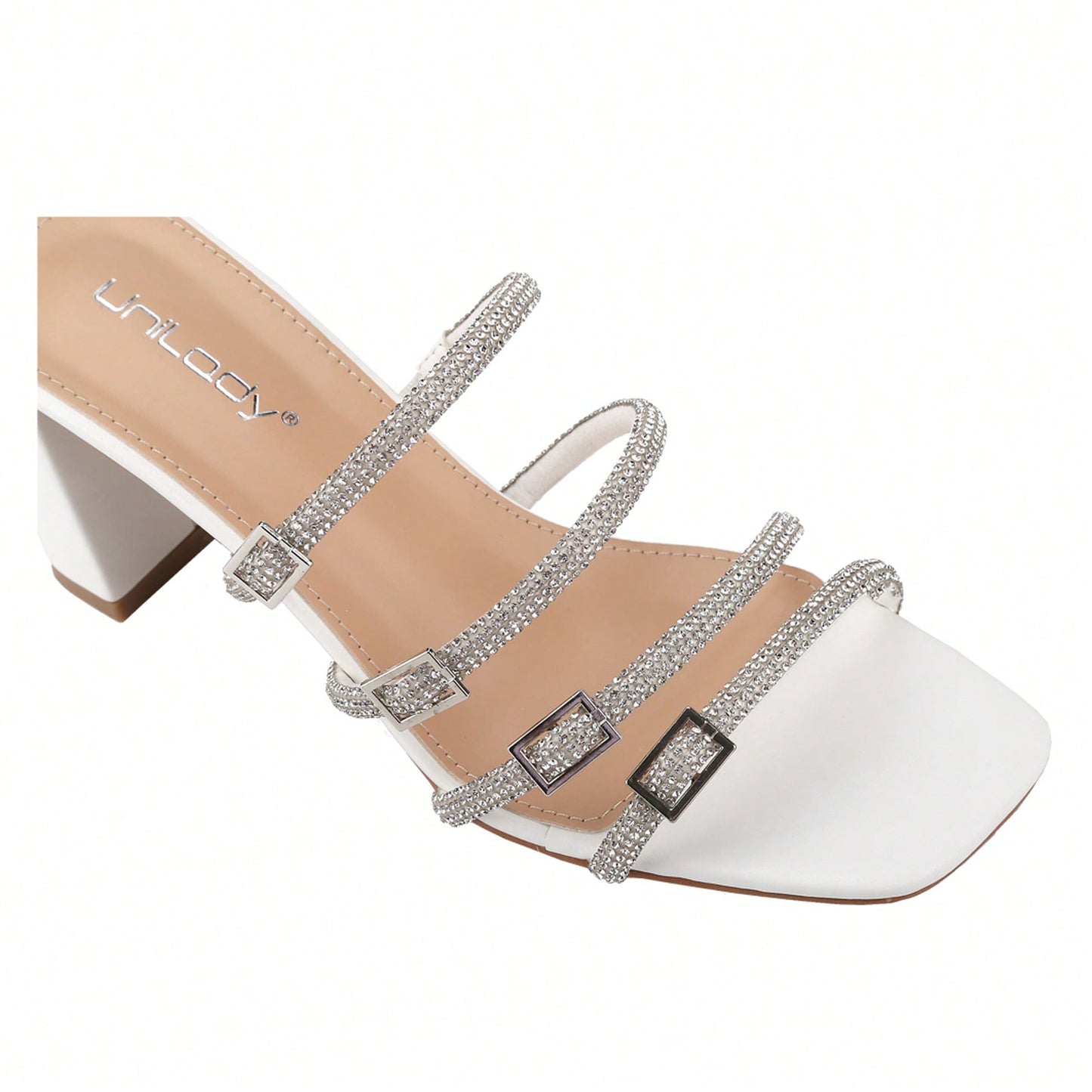 Women's Slip On Square Toe Chunky Heels Sandals, Strappy Buckle With Rhinestone