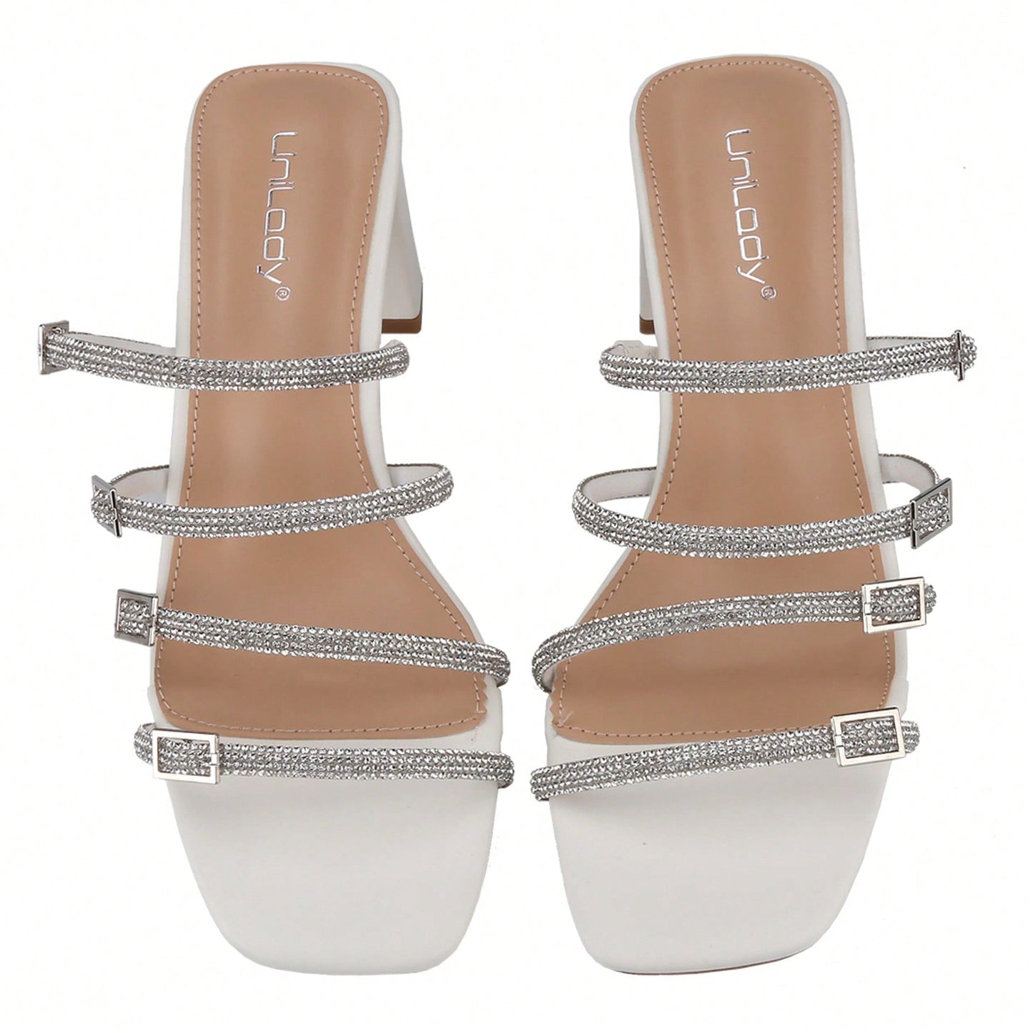 Women's Slip On Square Toe Chunky Heels Sandals, Strappy Buckle With Rhinestone