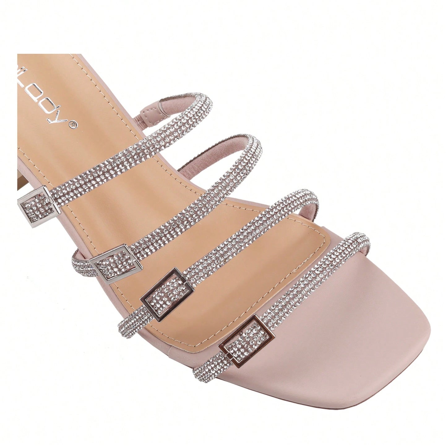 Women's Slip On Square Toe Chunky Heels Sandals, Strappy Buckle With Rhinestone