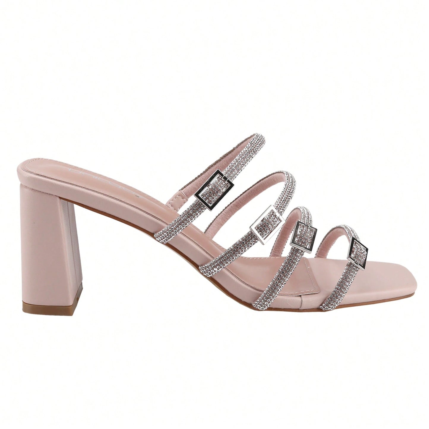 Women's Slip On Square Toe Chunky Heels Sandals, Strappy Buckle With Rhinestone