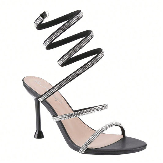 Women's Rhinestone Spiral Ankle Wrap Strap High Heels Sandals