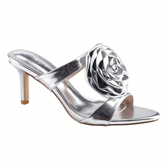 Women's Rose Flower Sexy Stiletto Mule Slip On Point Open Toe Sandals