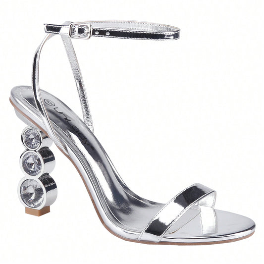Women's Rhinestone Chunky Heeled Sandals Ankle Strappy Open Toe Gem Diamante Block Heel Summer Wedding Sandals