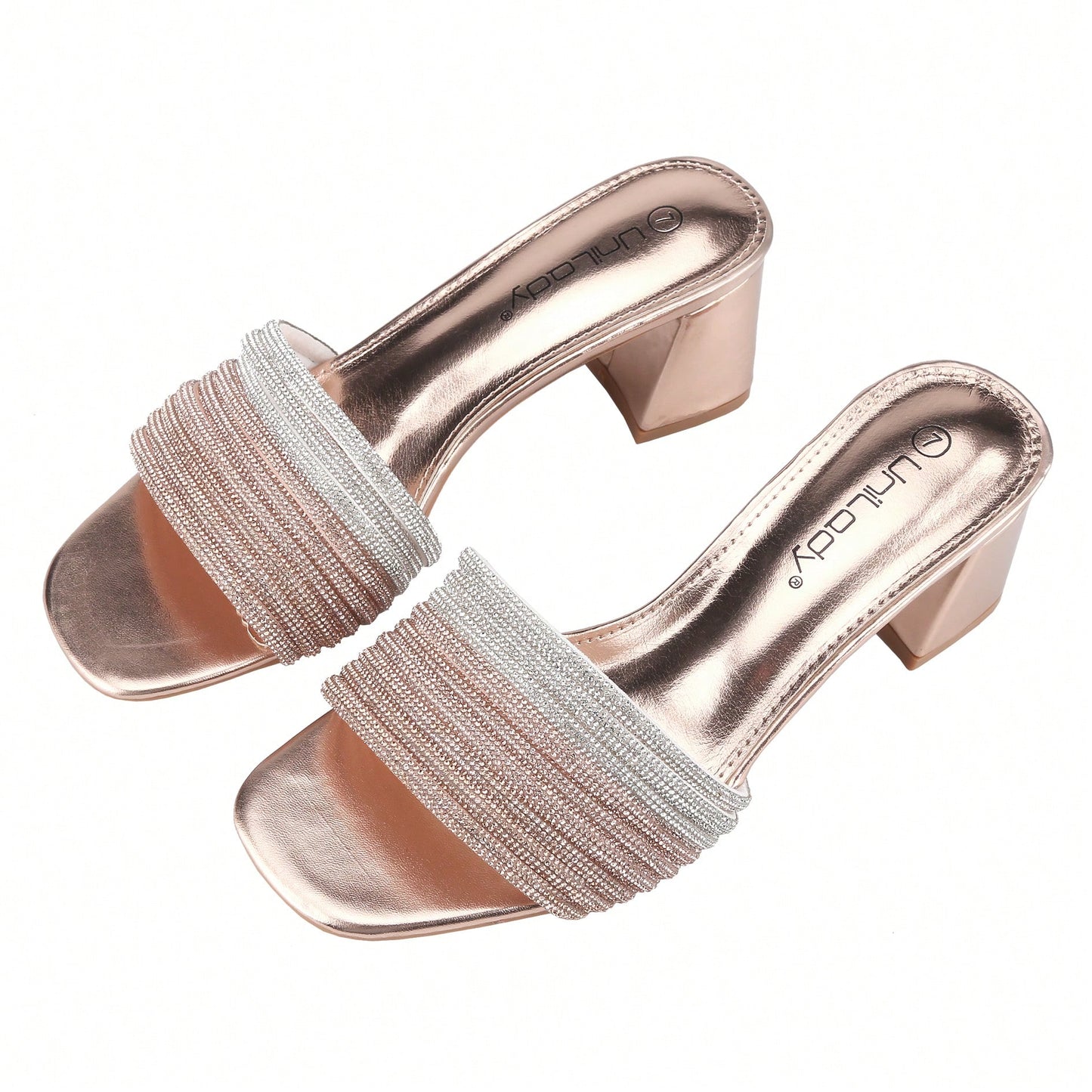 Women's Rhinestone Chunky Heels Sandals Square Open Toe Sandals Dress
