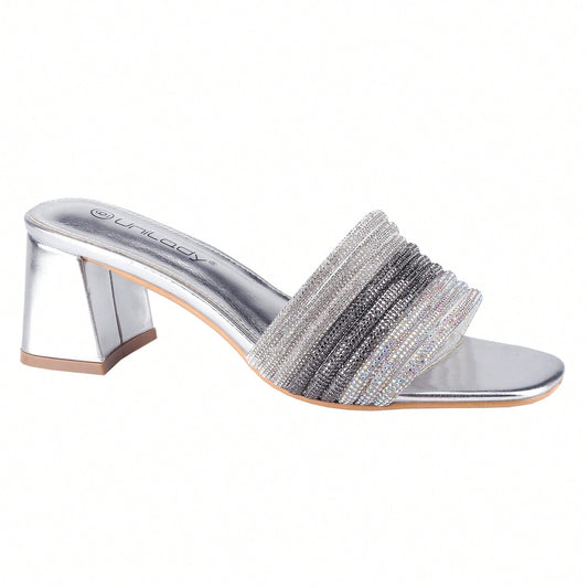 Women's Rhinestone Chunky Heels Sandals Square Open Toe Sandals Dress
